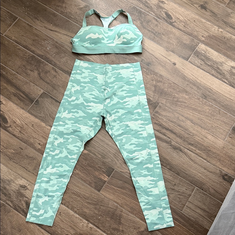PINK Green Camouflage Sports Bra and Leggings Set